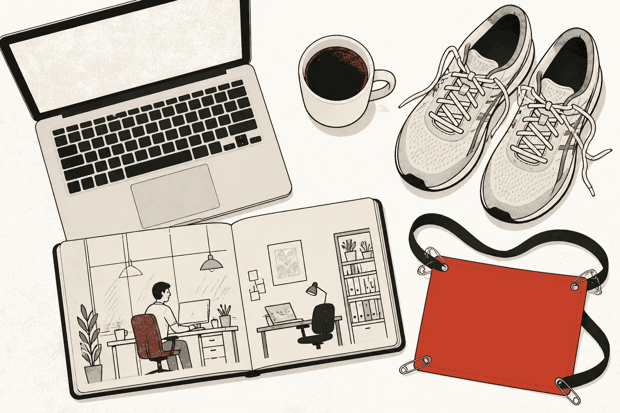 Overhead view of a Palo Alto desk with a laptop, comic sketchbook, race bib, and running shoes