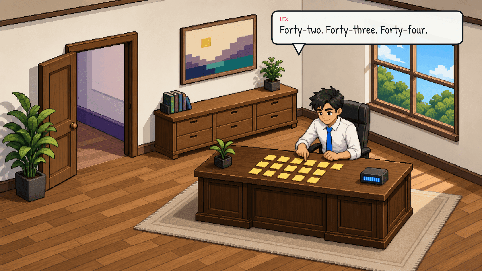 Lex is at the desk. Sticky notes are spread across the surface in a moderate spread. The desk meter is in the healthy range. Lex is counting notes with his finger, moving along the rows. Emotional beat: focused attention.