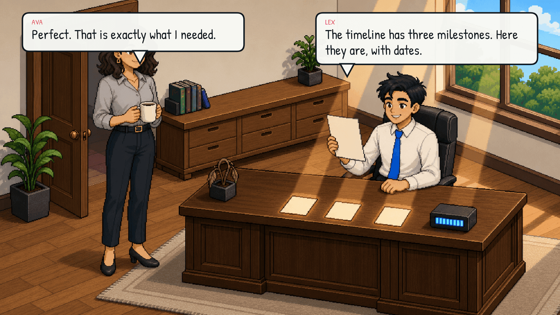 Lex slides back a crisp, accurate response. The strongest beams still connect the question to the current milestone cards. Ava nods, satisfied. Emotional beat: relief.
