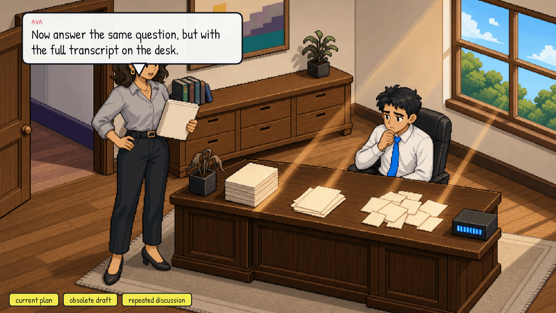 Ava adds the full transcript from the previous episode. Papers labeled "current plan," "obsolete draft," and "repeated discussion" crowd the desk. Many unequal beams appear. One bright beam begins connecting the question to the obsolete draft. Emotional beat: tension.