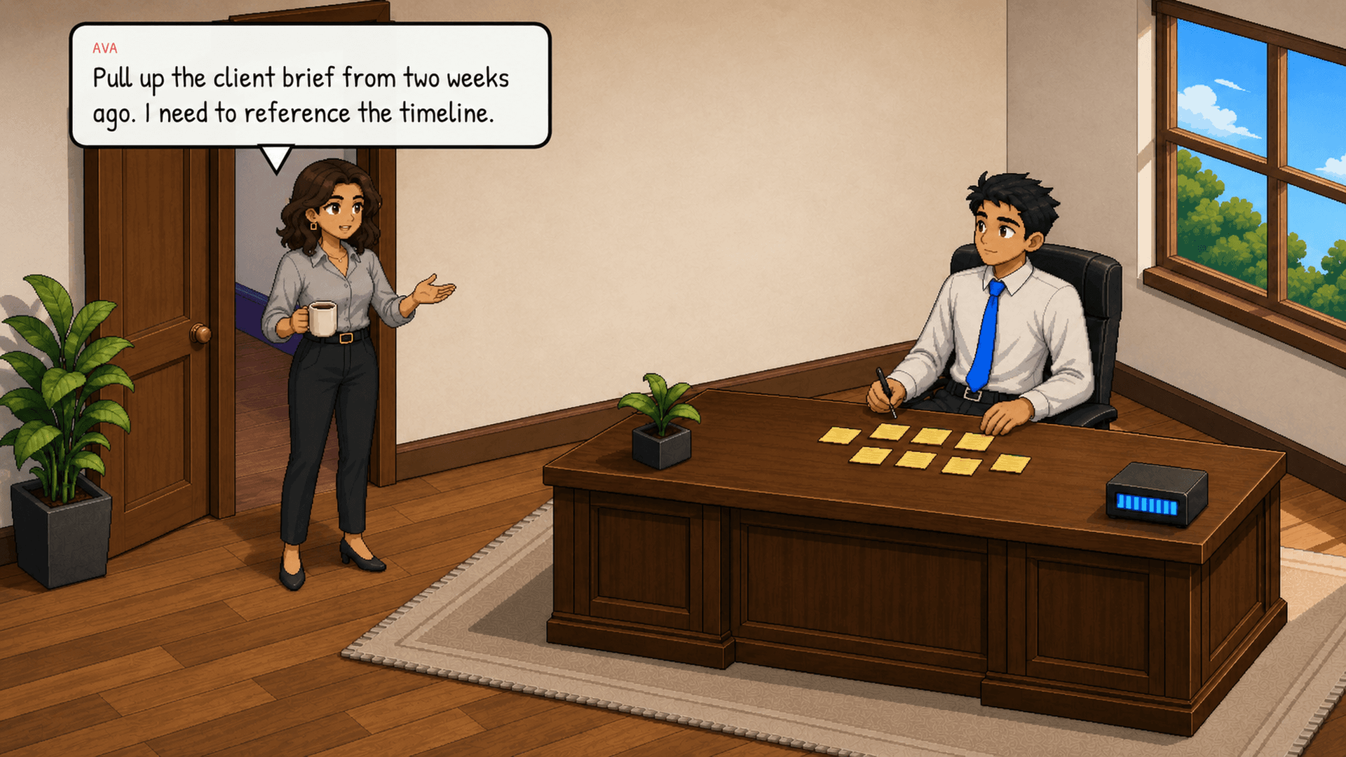 Ava walks into the office holding her coffee mug ("again?"). Lex is at the desk with a few sticky notes arranged neatly. The desk meter is in the moderate range. Ava looks confident, like she knows what she wants. Emotional beat: casual expectation.