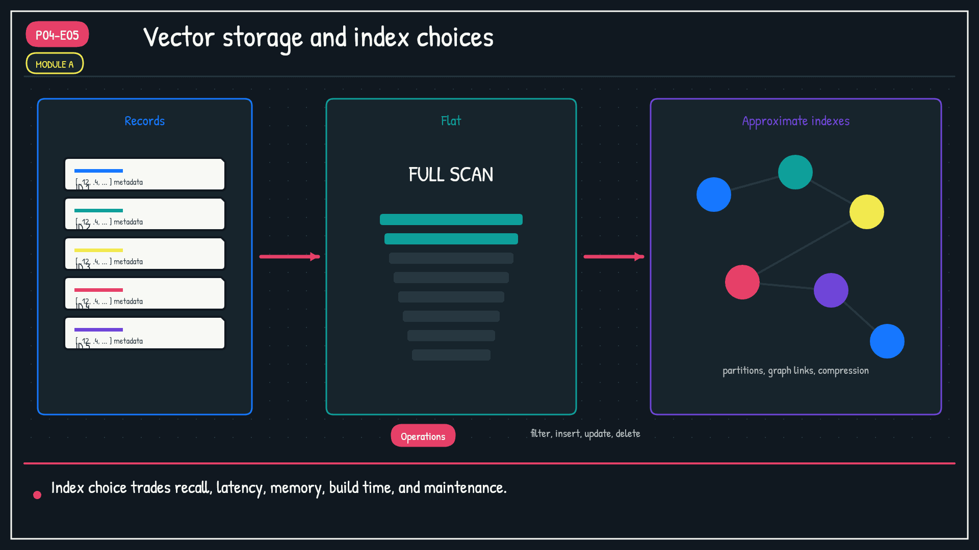 Vector storage and index choices. Show a shared record layer feeding four search mechanisms: flat exact search, a partition index, a navigable graph index, and compressed codes.