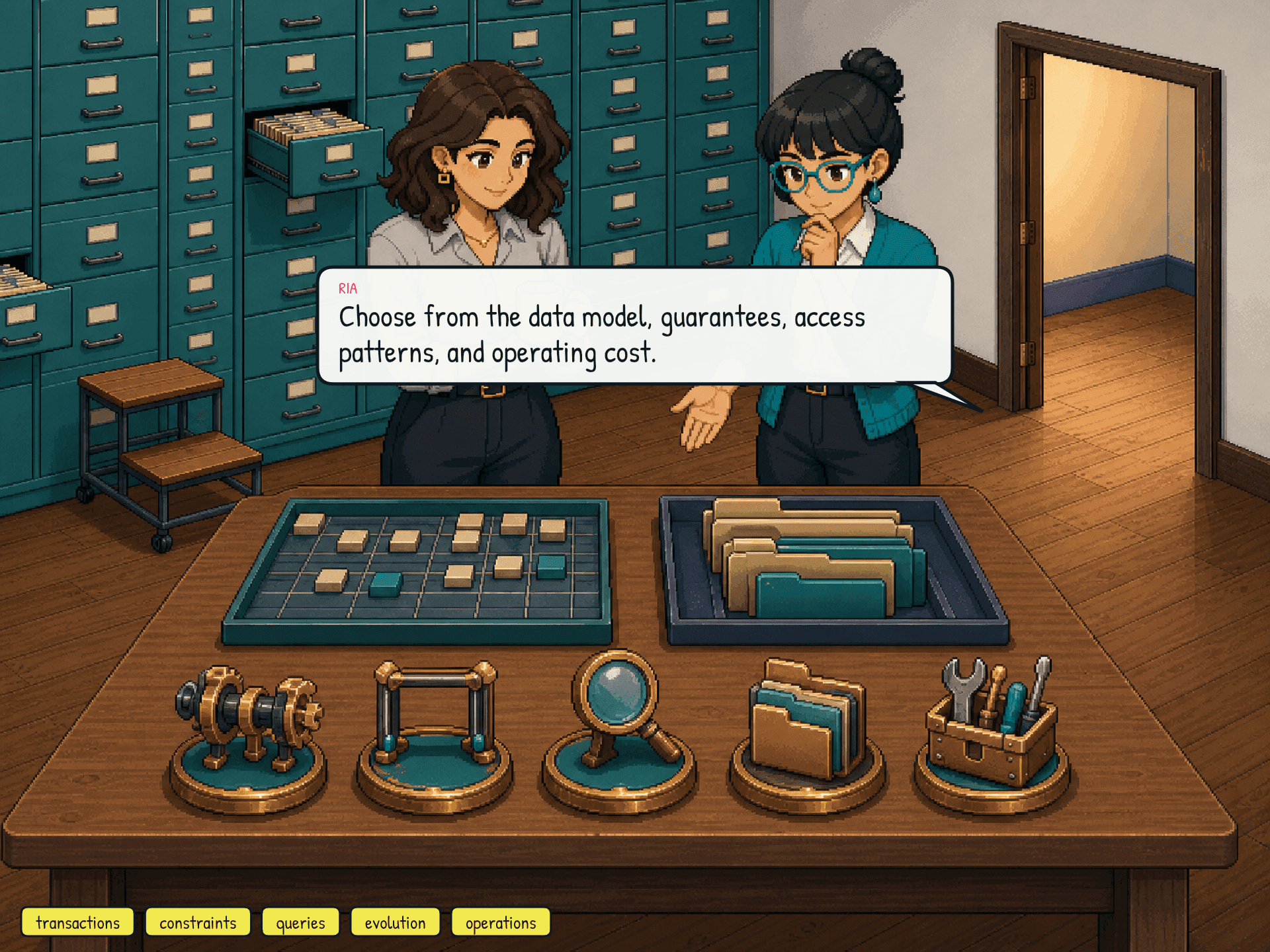 A decision sheet compares transactions, constraints, nesting, query shape, and change rate without a winner badge.