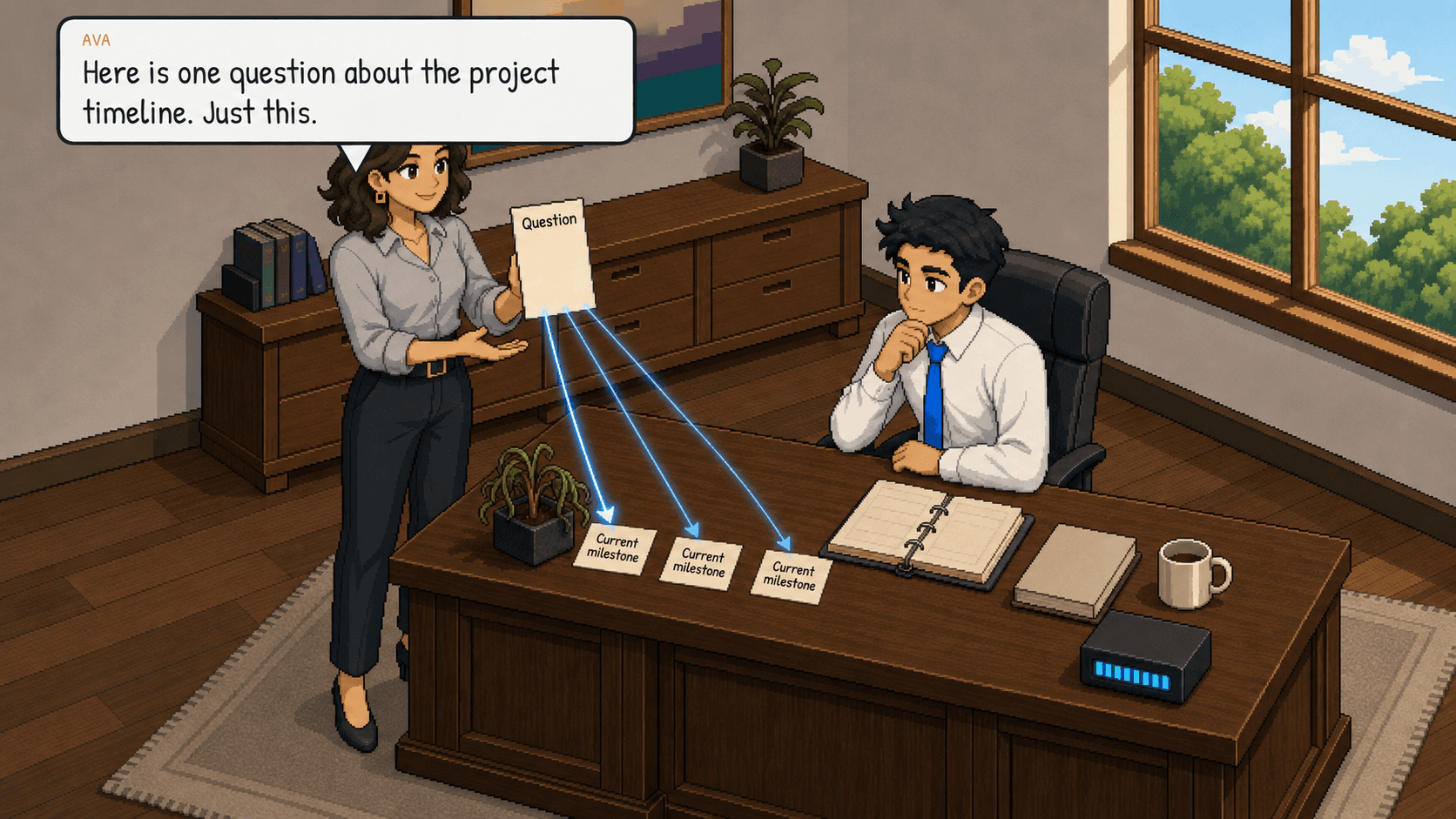 Ava holds a card labeled "Question" beside Lex's desk. Three narrow blue beams connect it to cards labeled "Current milestone." Lex sits facing the cards with one hand at his chin, and the desk meter glows blue. Emotional beat: clarity.